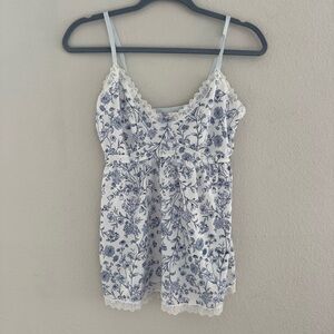 Lauren Ashley White & Blue Floral Lace-Trim Cami Top